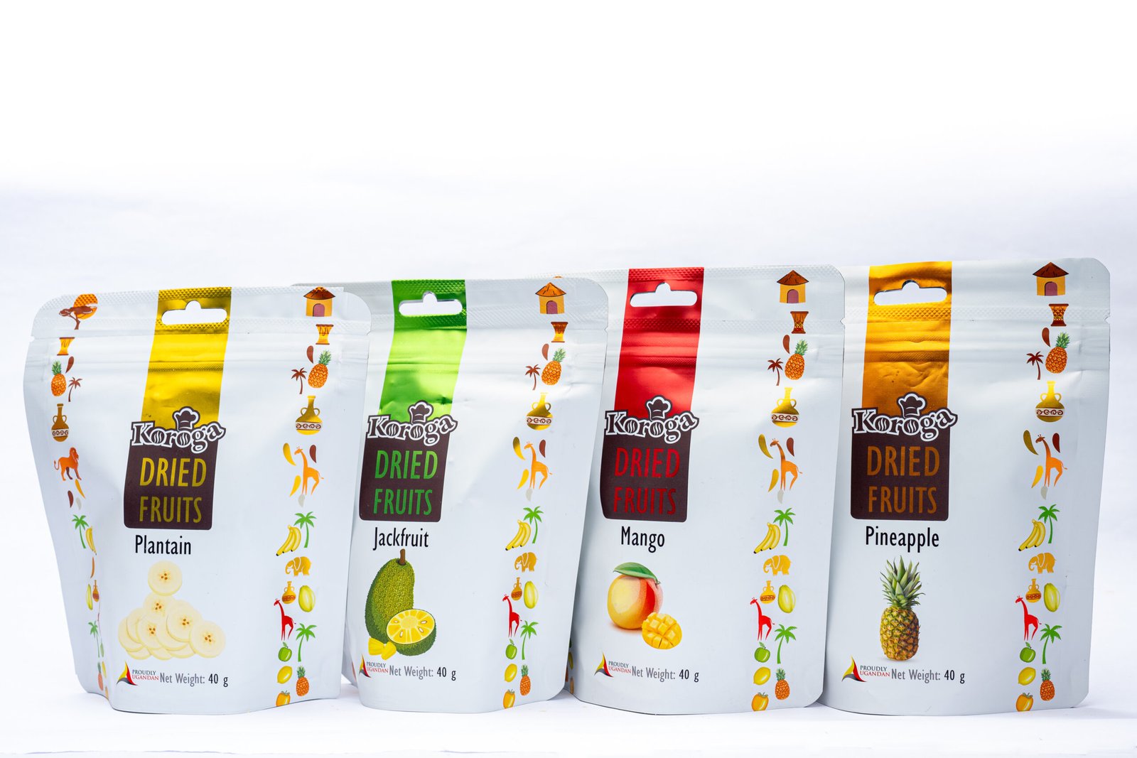Koroga dried fruit range: Pineapple, Mango, Jackfruit, Plantain